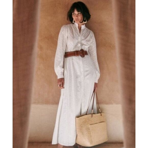 Sezane Dresses & Skirts - SEZANE Sz 40 8 Ecru Havane Eyelet Belted Maxi Shirt Dress